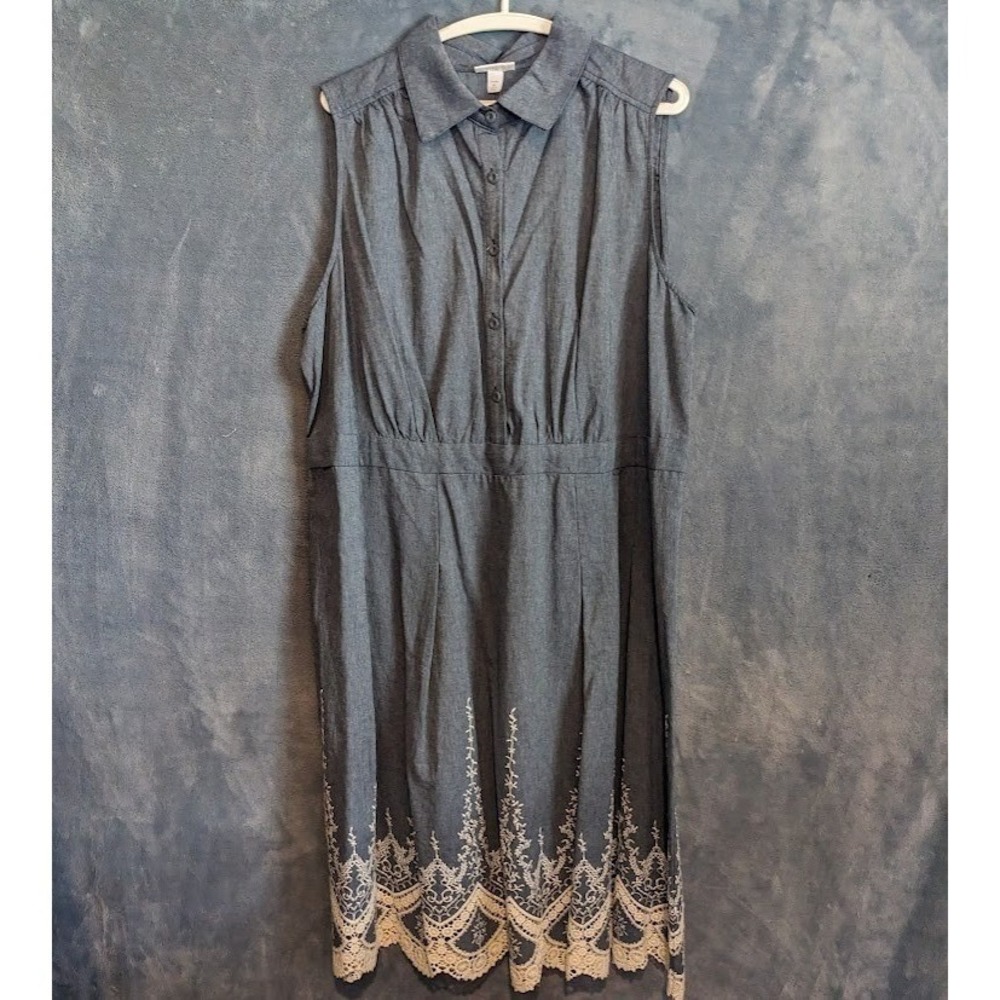 Westport 1962 Blue Chambray Sleeveless Lace Hem Shirt Dress Plus Size 18W NWT